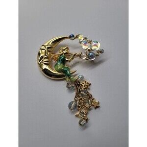 Vintage Kirks Folly Crescent Moon Fairy Brooch AB Bubbles Star Moon Dangles